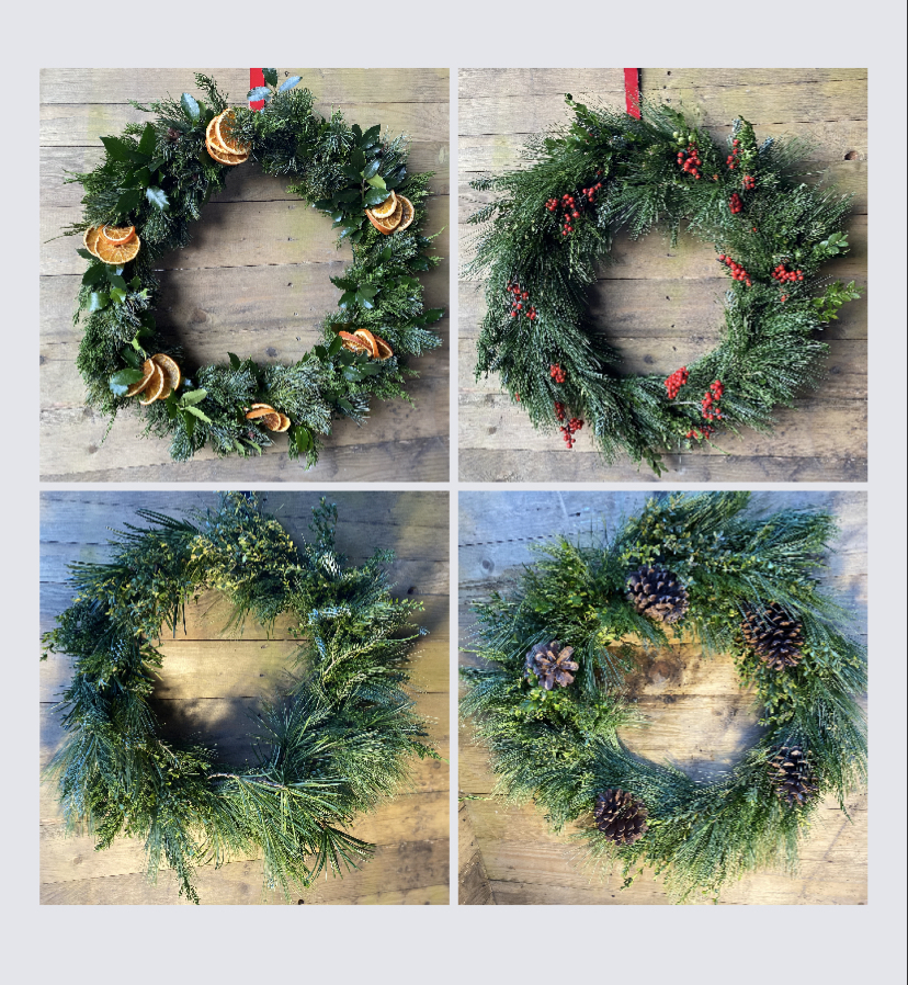 evergreen wreaths and winter berry bunches